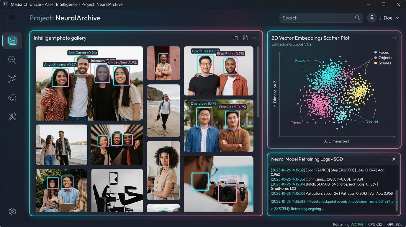 Media Chronicle desktop app preview displaying photo gallery, metadata search, and private offline albums